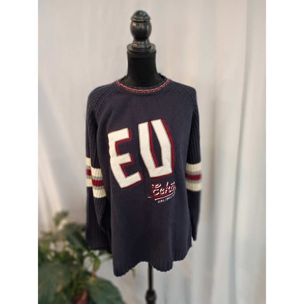Vintage Ecko Unltd Navy Blue Varsity EU‎ Logo Knit Sweater Mens XL Streetwear